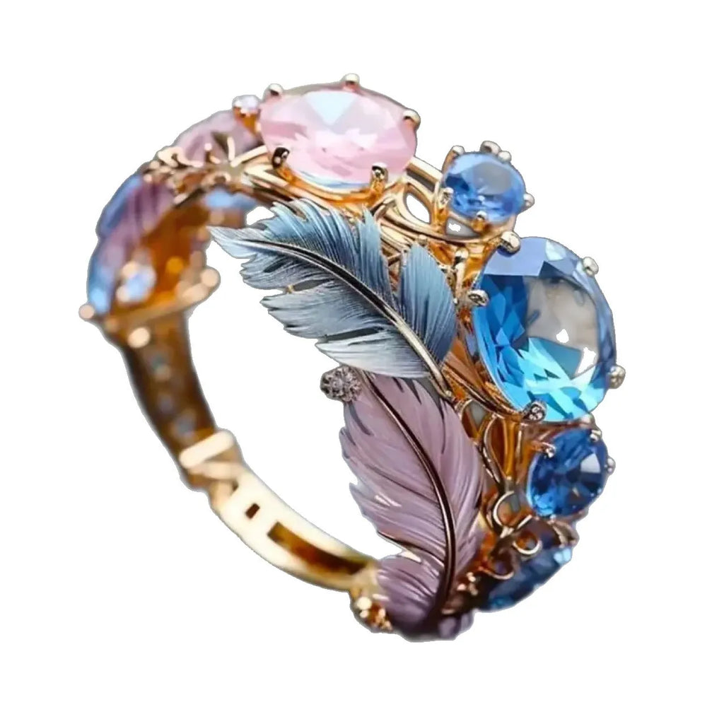 Gold brass feather ring with embossed design and zircon inlay geometric jewellery