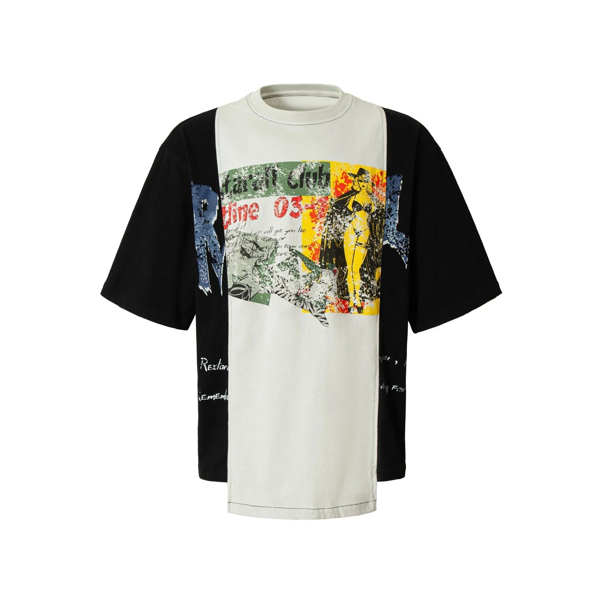 Black and white broken collage printed cotton blend t-shirt with loose streetwear fit and short sleeves