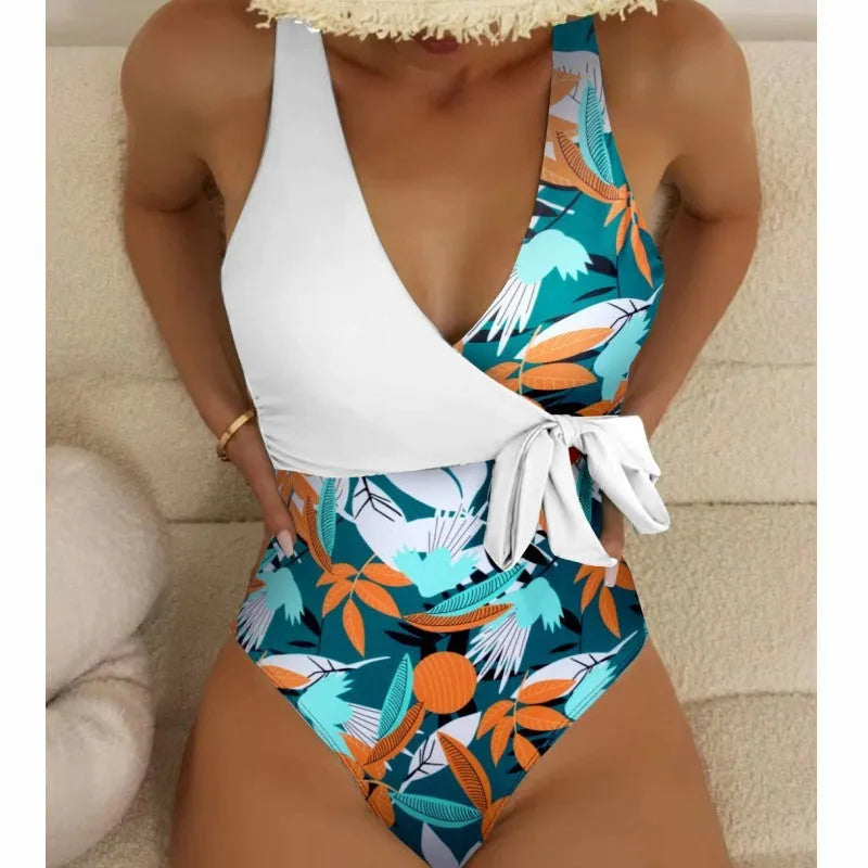 Women's high waist one-piece swimsuit in printed black or white pattern with conservative styling