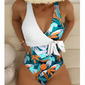 Women's high waist one-piece swimsuit in printed black or white pattern with conservative styling