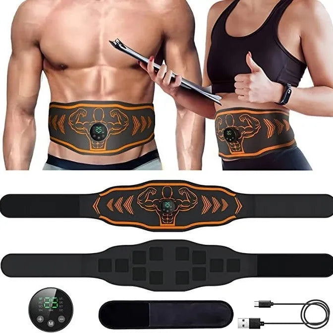 EMS smart massage belt fitness equipment in blue and orange colours with rechargeable host unit