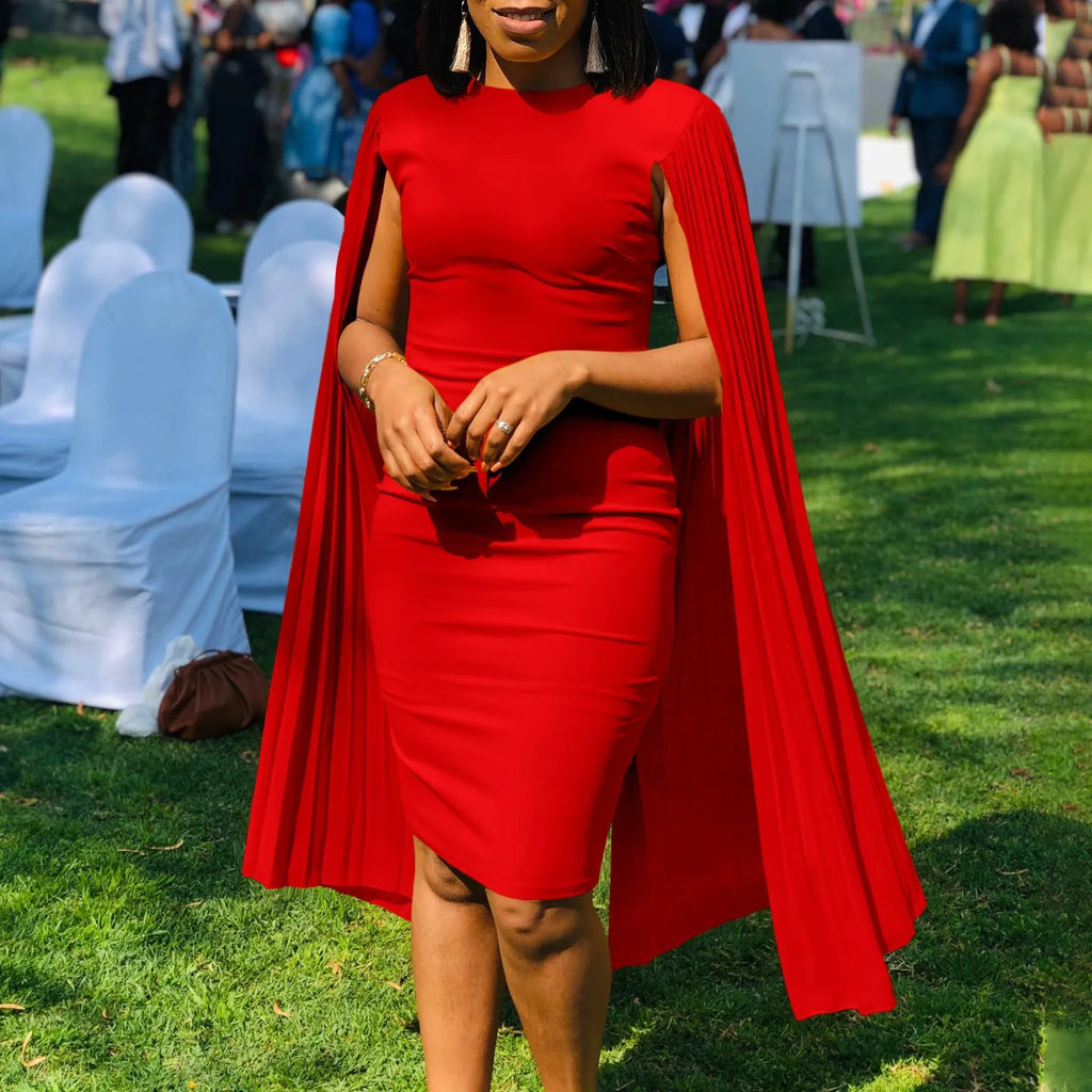 Women's pleated evening gown with round neck and long sleeves in high-waist design