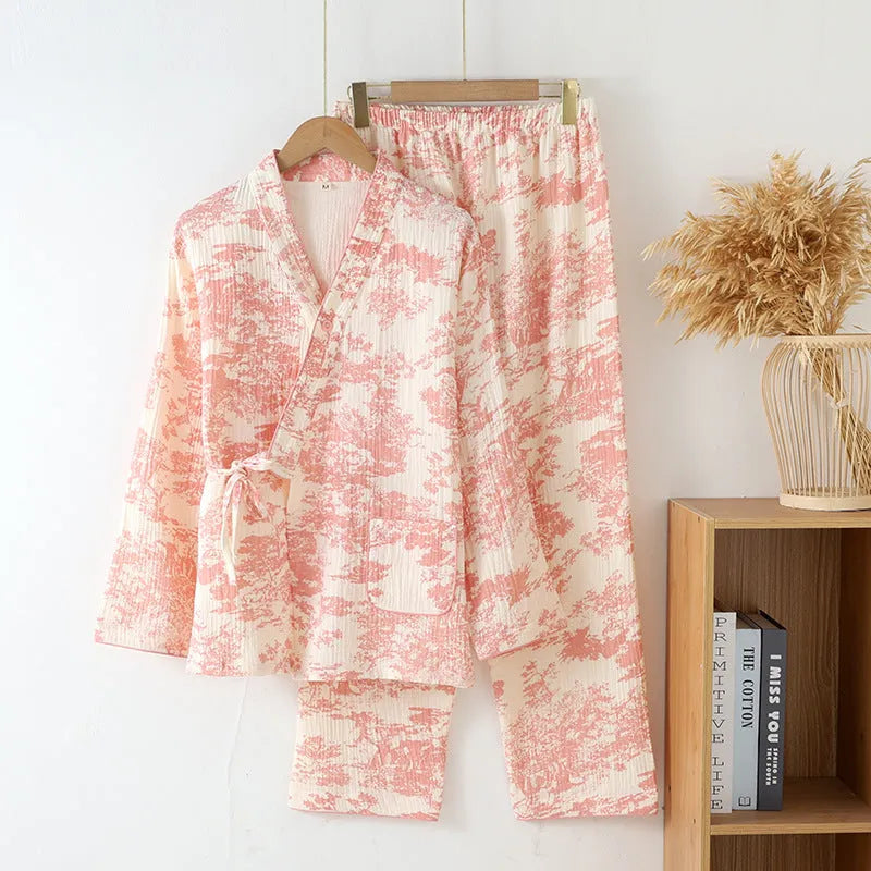 Women's pink frosted pine tree cotton gauze loungewear set with lace-up long-sleeve top and trousers