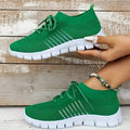 Women's breathable mesh flying knit flat shoes with front tie and low heel in multiple colour options
