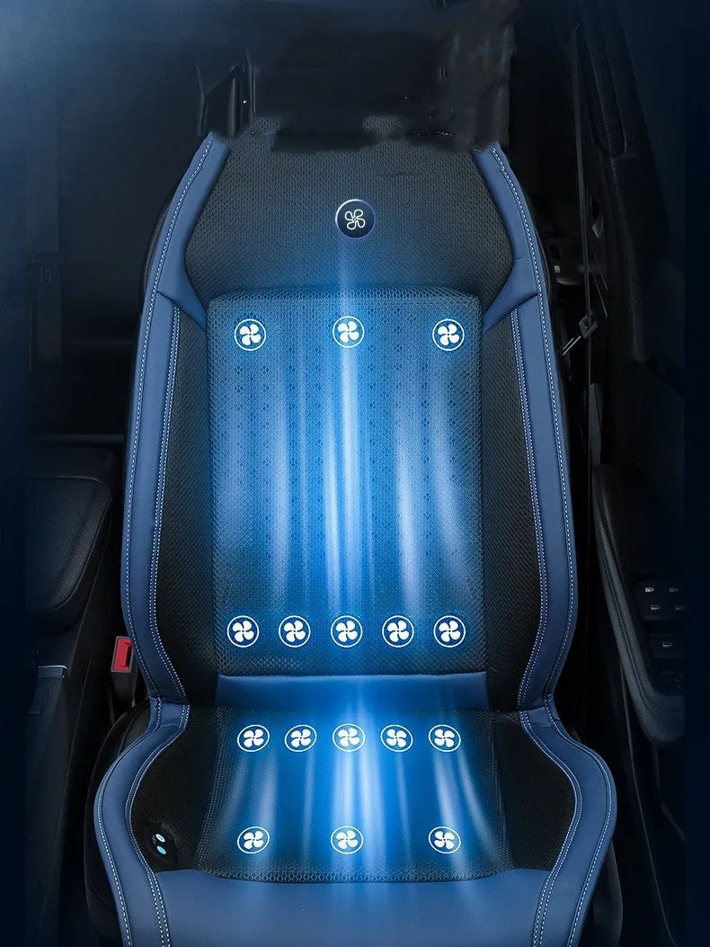 Car seat cooling pad with solid colour design showing USB and 12V power connections