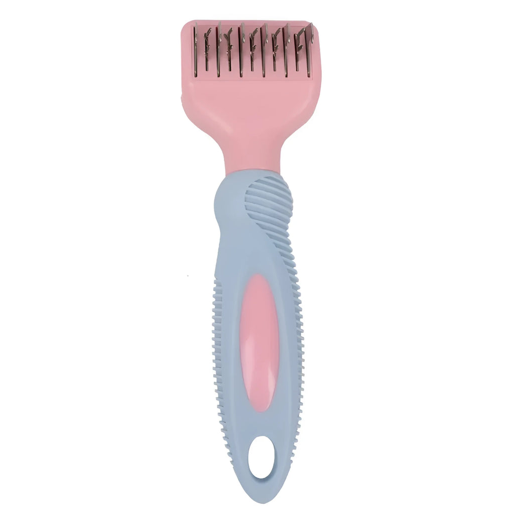 Stainless steel dog comb with knot knife edge and massage nodules, shown in pink colour option