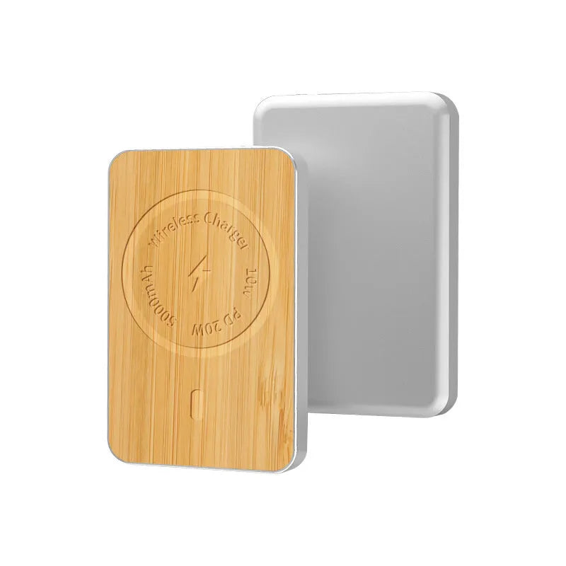 Khaki alloy wireless charging bank with magnetic suction showing 5000mAh capacity and USB port