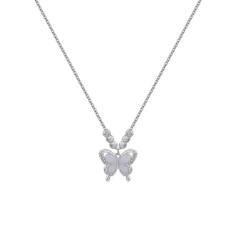 Women's silver butterfly necklace with square opal pendant on cross chain, adjustable length jewellery