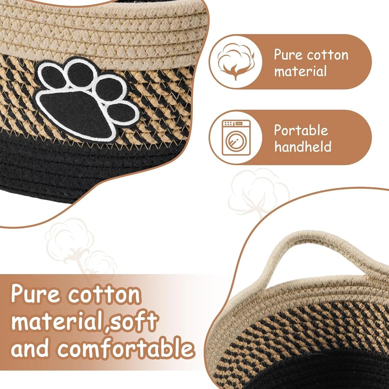 Hand-woven light beige cotton rope storage basket with wooden handle for home organisation