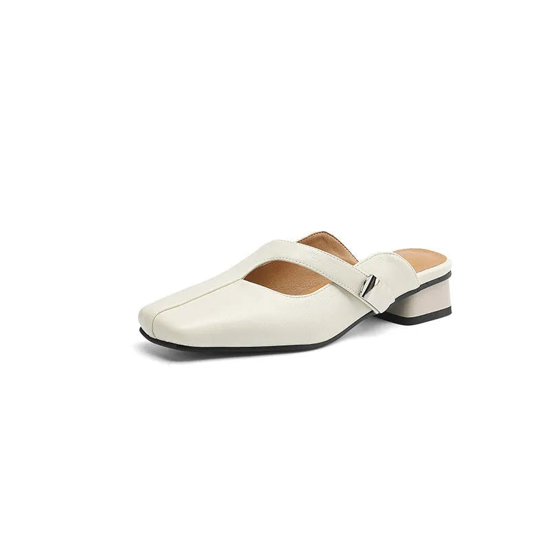 British style square head outdoor slippers in black, beige and silver colours with a low heel and rubber sole.