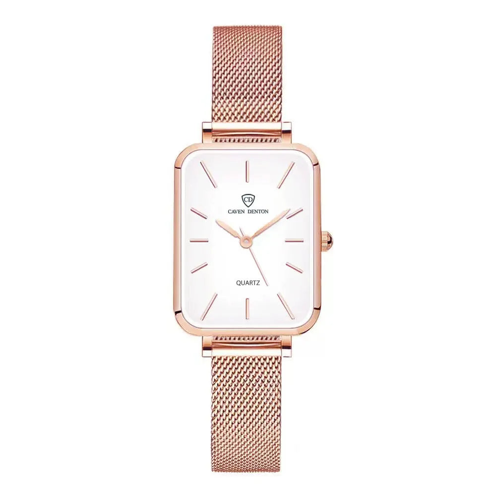 Women's waterproof quartz watch with alloy case and woven steel strap in rose gold or silver
