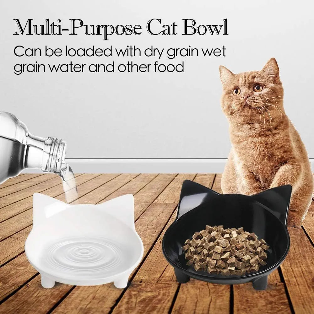 Shallow black cat food bowl with rubber anti-skid base for whisker fatigue relief