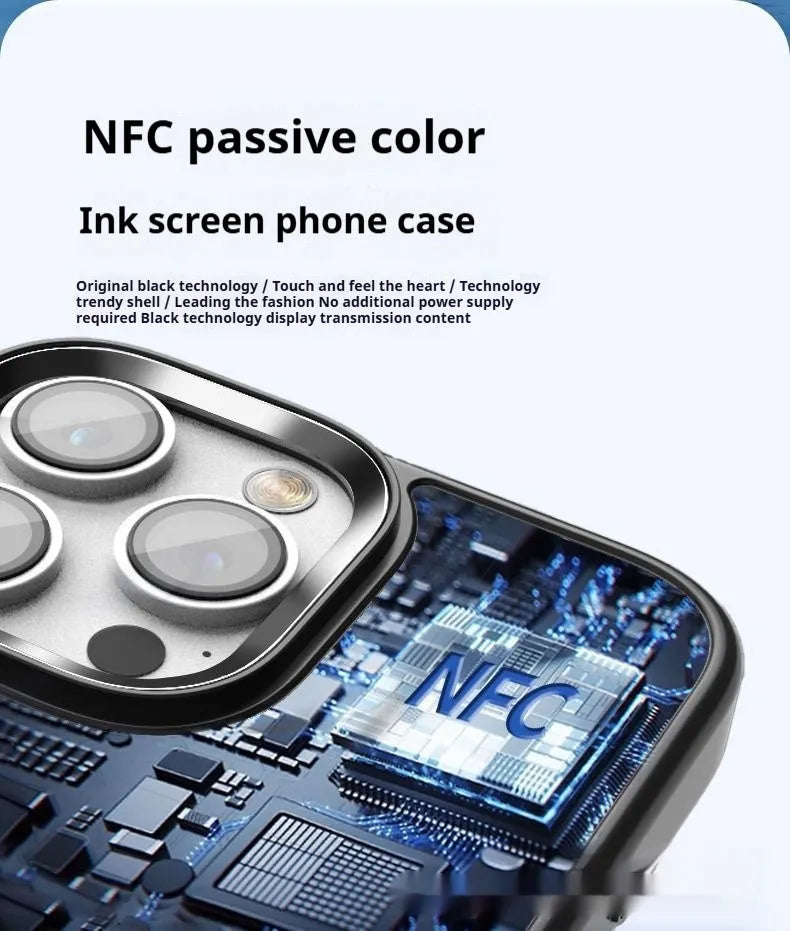 Black Smart NFC screen projection phone case with four-colour e-ink display and TPE relief texture for iPhone