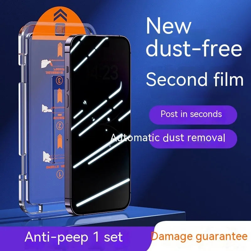 iPhone tempered glass screen protector with privacy film over earpiece, showing frosted anti-fingerprint surface.