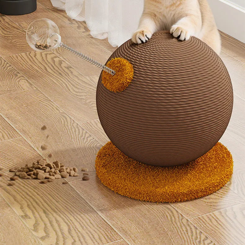 Hemp rope cat scratch board in large and small sizes with tumbler or grasping ball design.