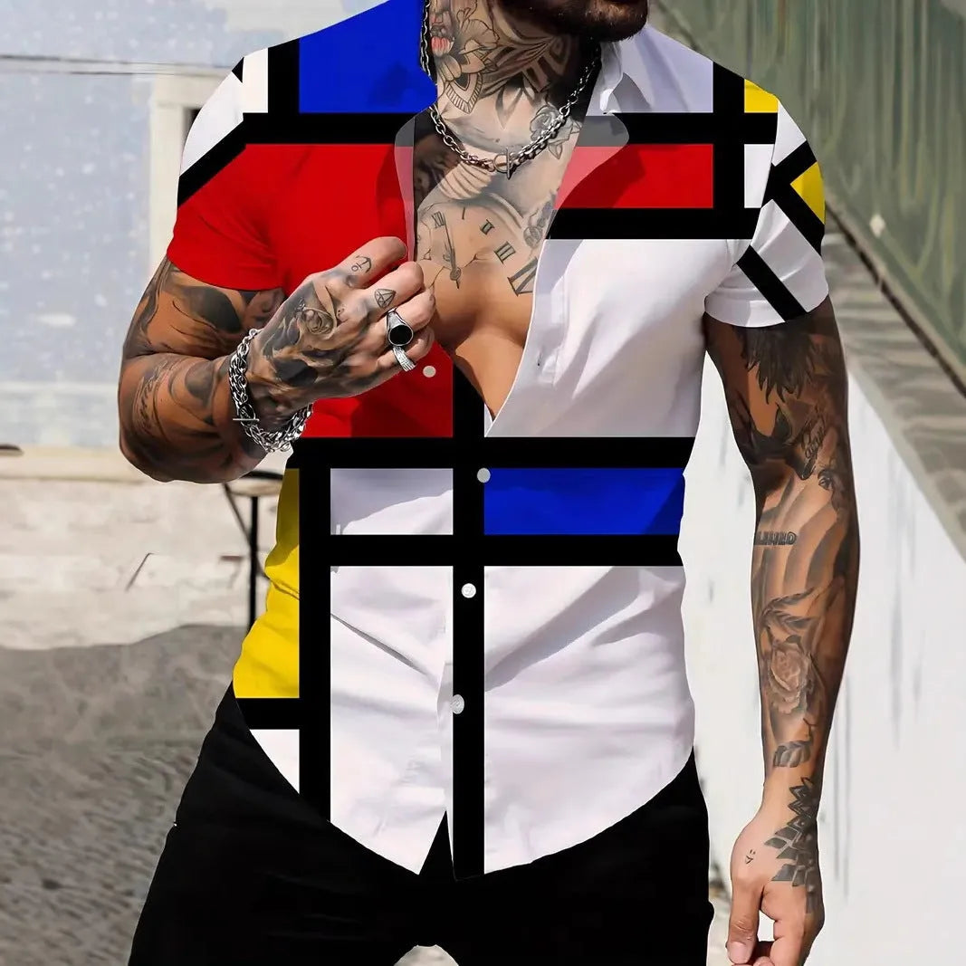 Men's slim fit geometric line printing lapel short sleeve shirt in cardigan style