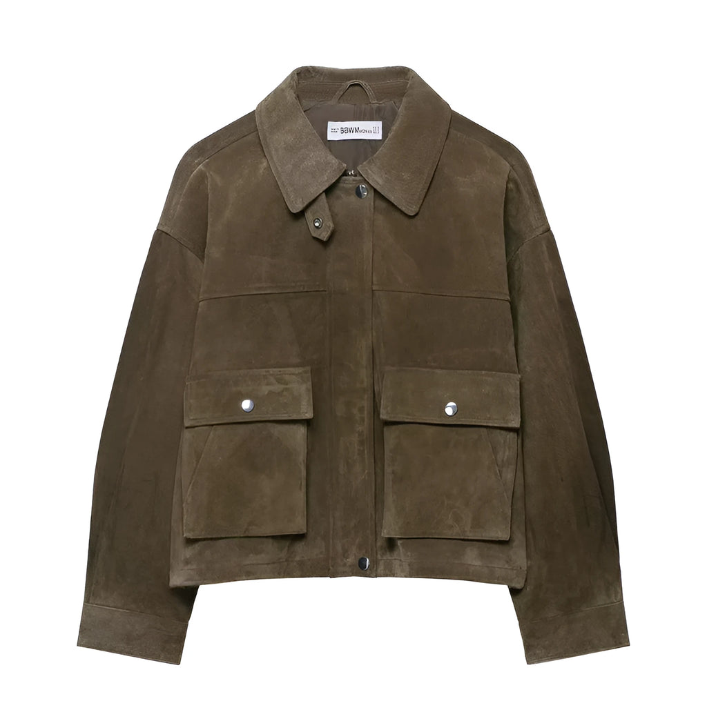 Women's PU jacket in picture colour with Japanese Korean casual style on a model.