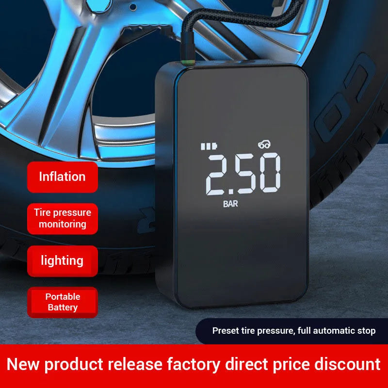 Black wireless digital display car tyre inflator pump with hose and nozzles on a grey background.