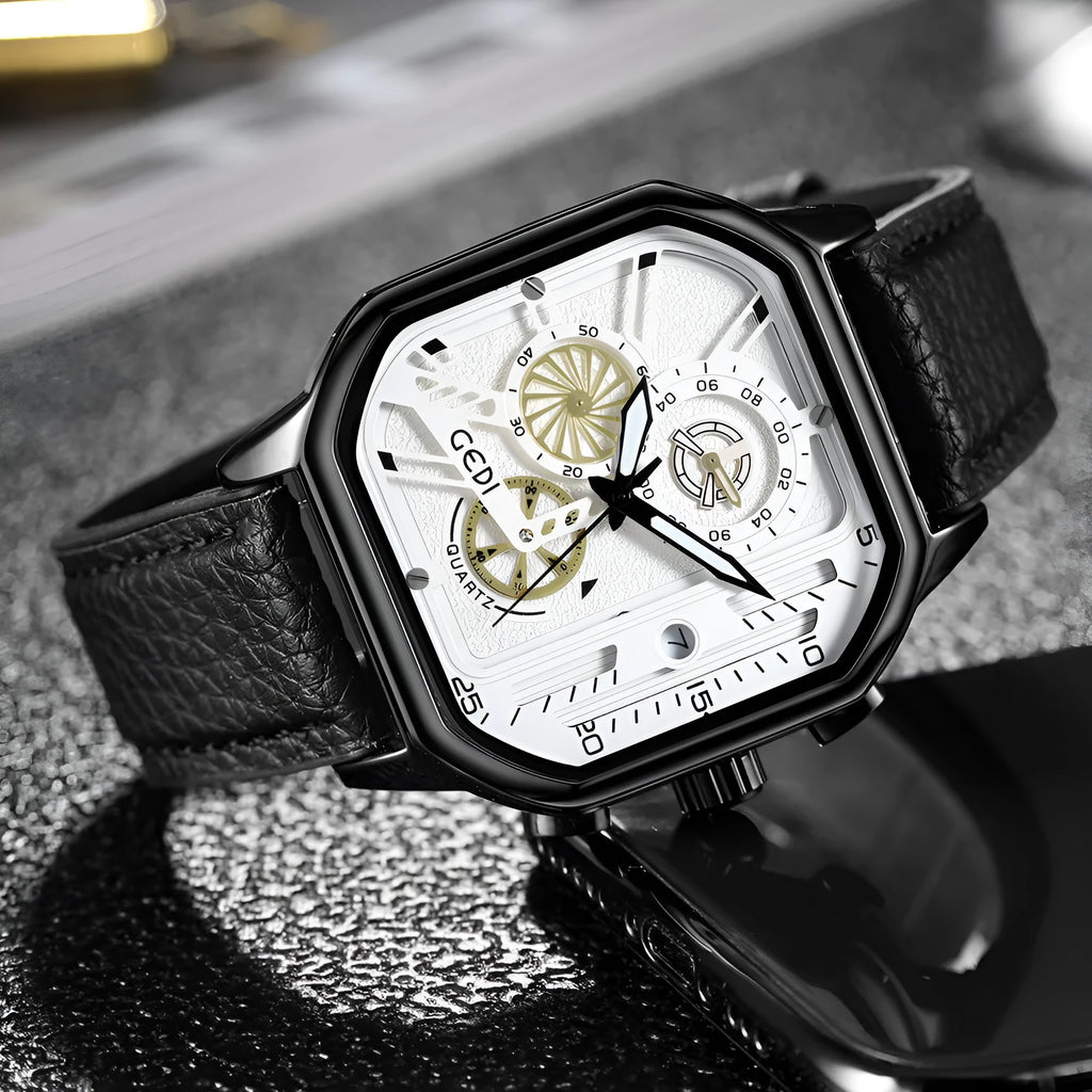 Men's waterproof quartz watch with black silicone strap and luminous dial
