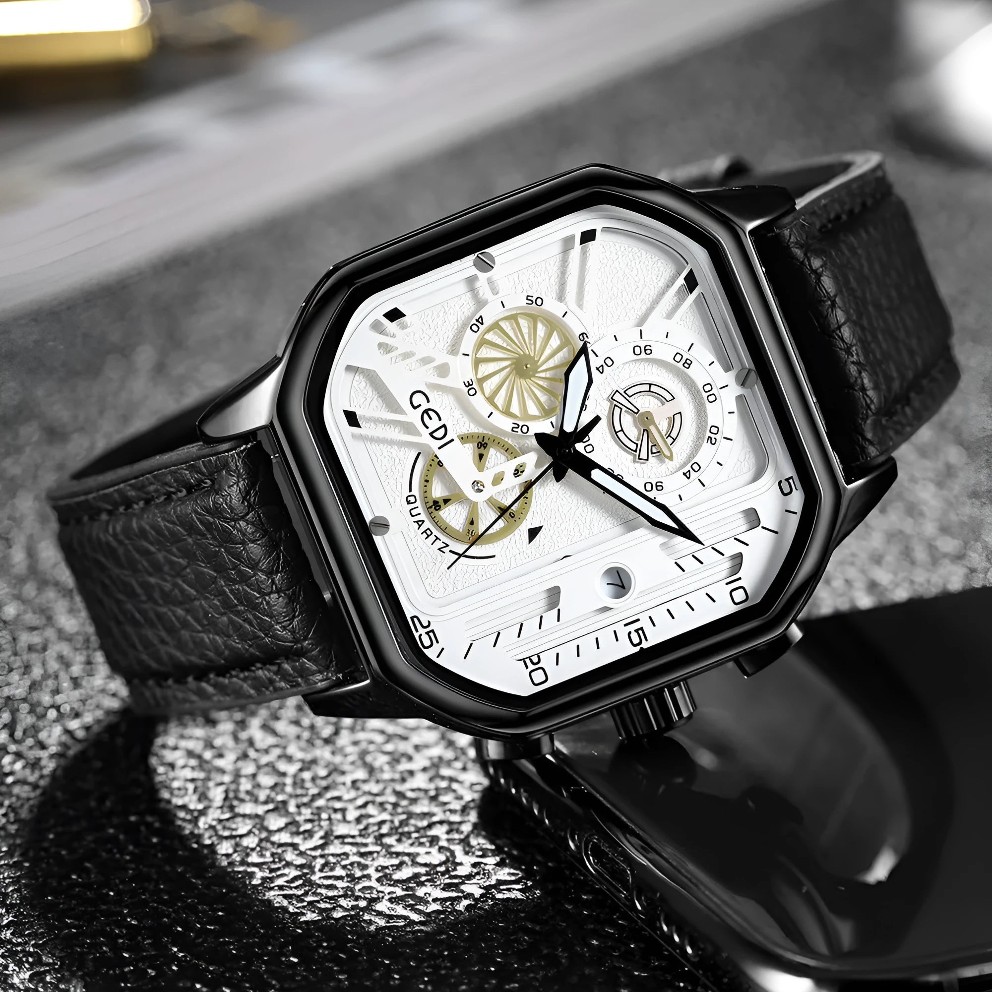 Men's waterproof quartz watch with black silicone strap and luminous dial