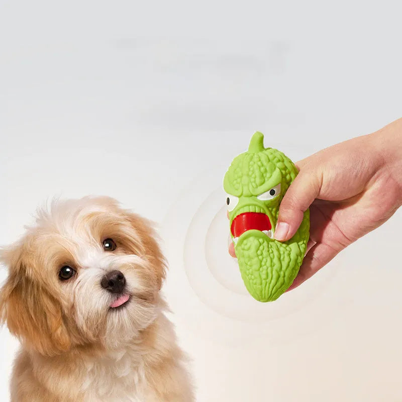 Realistic bitter melon and chilli shaped dog toys that make pet sounds when chewed
