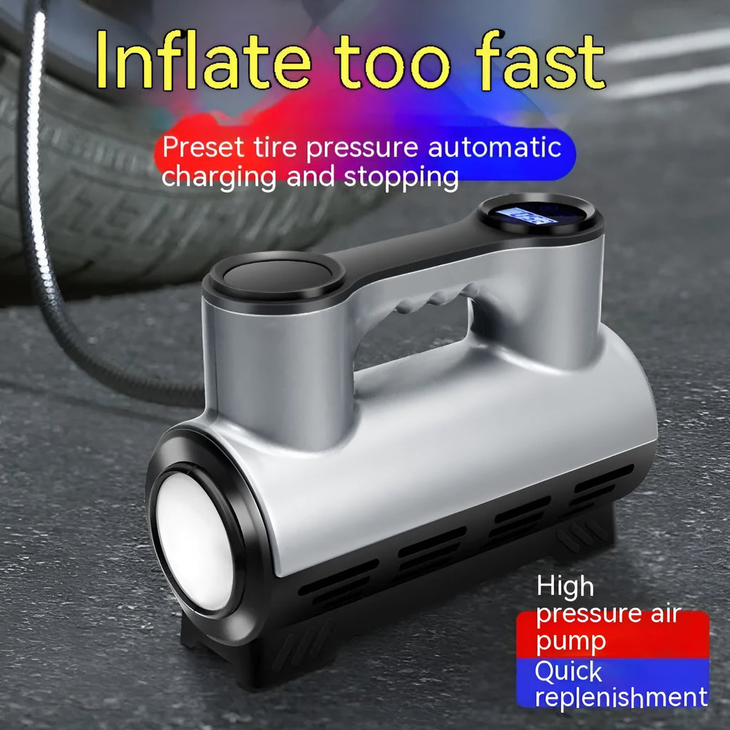 12V portable car tyre inflator with pressure gauge display options and three air nozzles