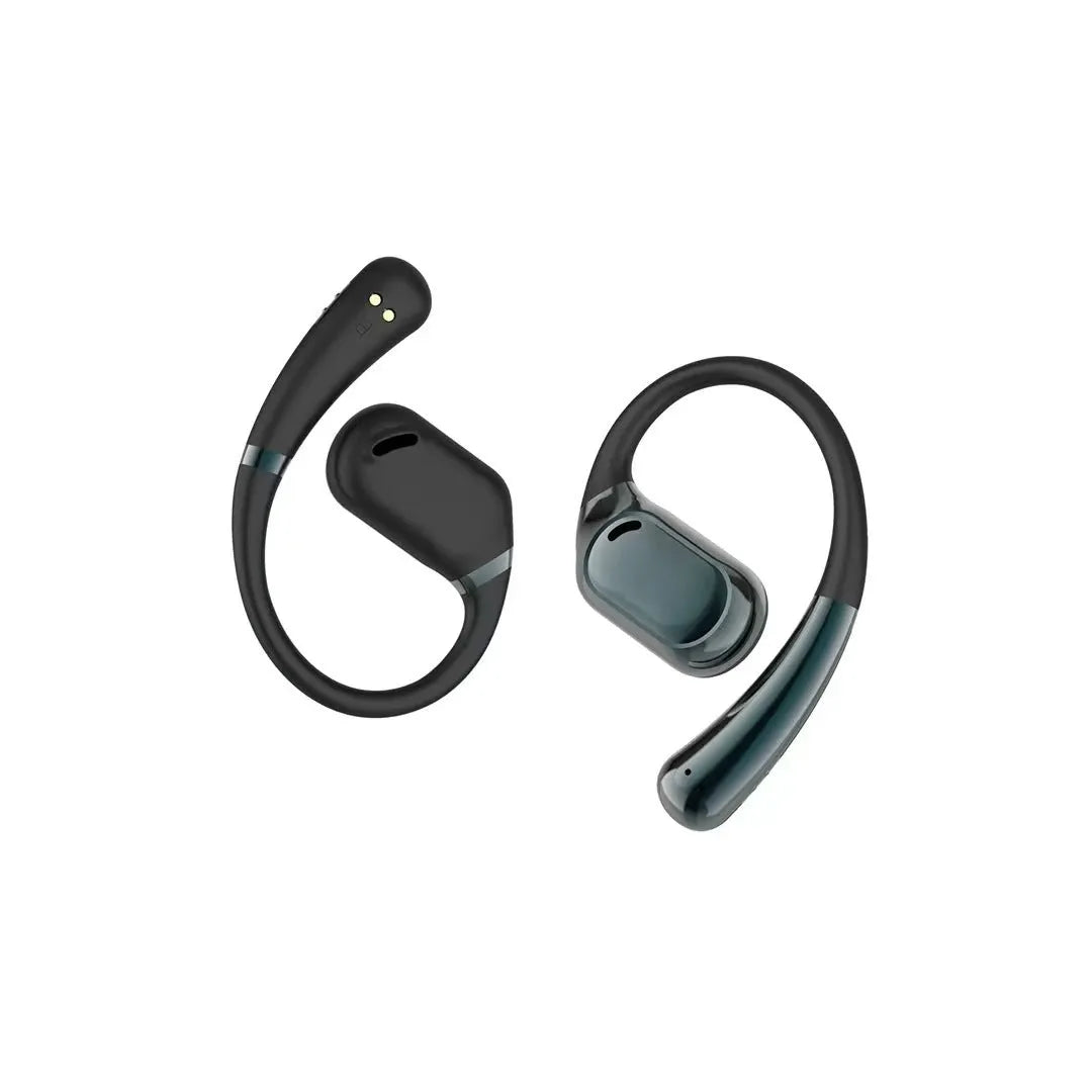 Wireless Bluetooth translation headphones in open ear-mounted design, OWS Black colour, compact and touch controlled