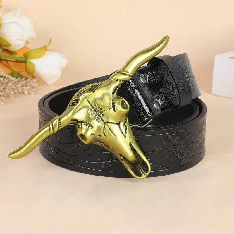 Men's brown imitation leather belt with a detailed electroplated alloy cow head buckle.