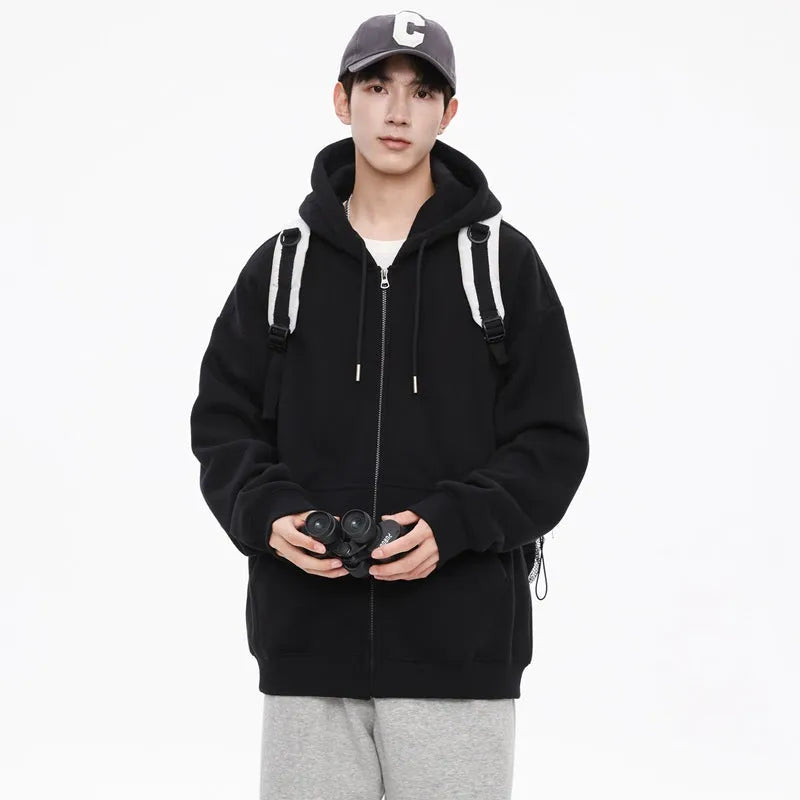 Men's solid colour hooded cardigan sweatshirt in loose fit polyester, front view