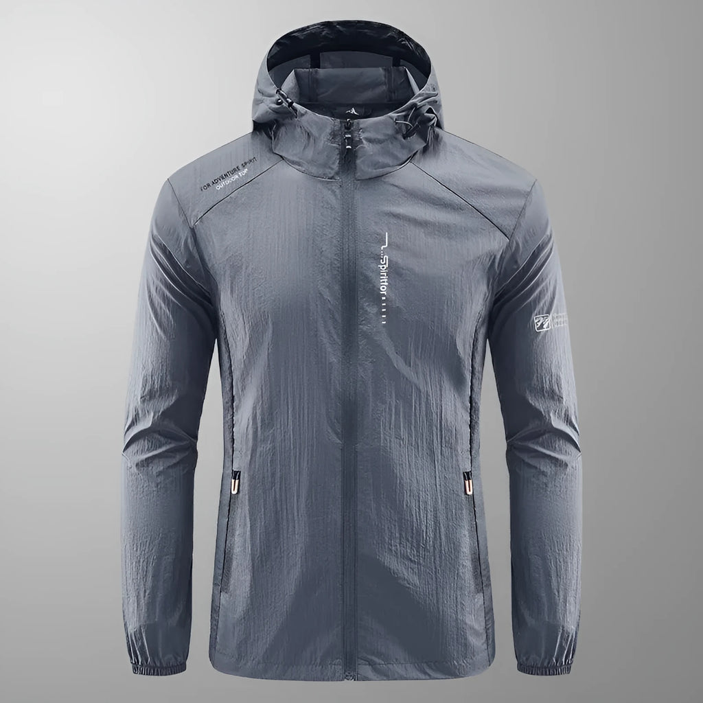 Men's loose fit hooded summer jacket in nylon, shown in light grey colour.