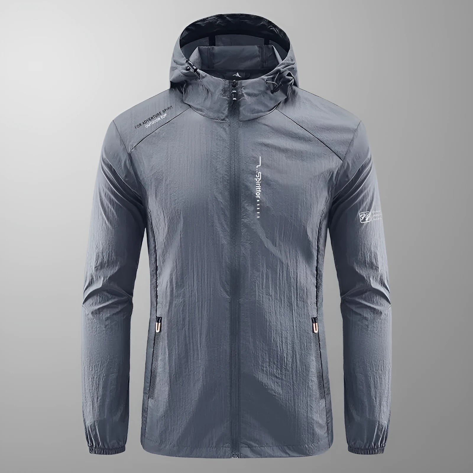 Men's loose fit hooded summer jacket in nylon, shown in light grey colour.