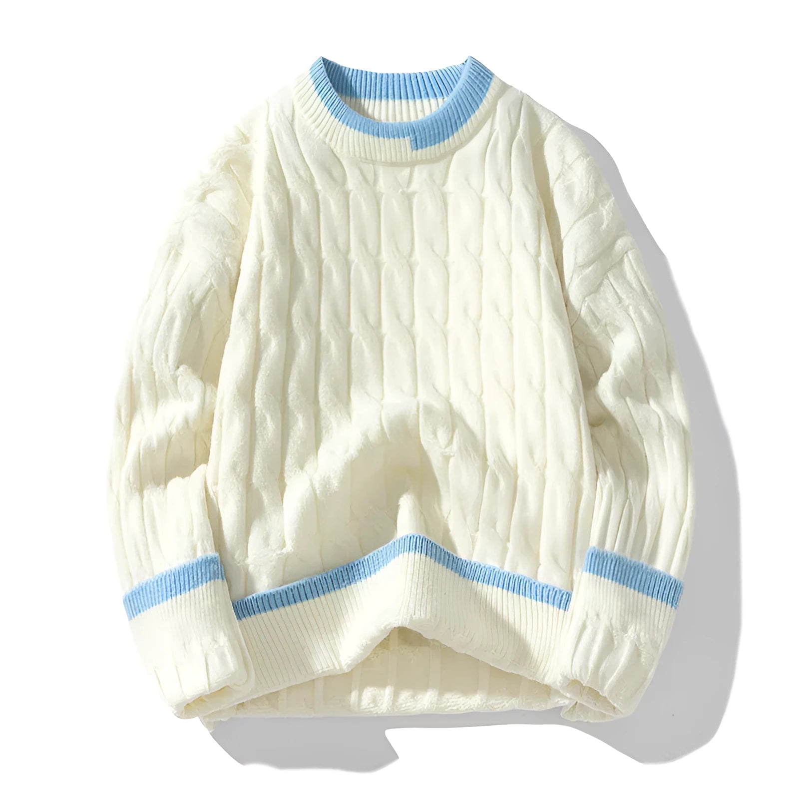 Men's loose fit grey pullover sweater with long sleeves on a hanger.
