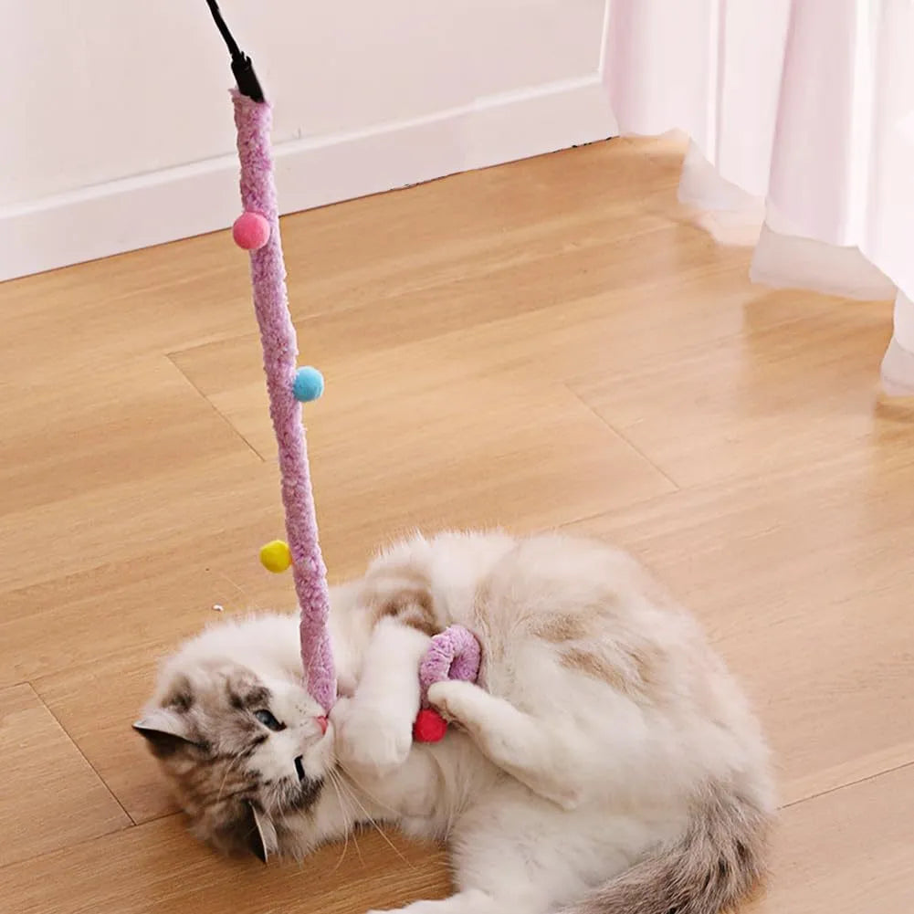 Interactive cat wand toy with colourful plush strip and bell attachment for indoor play