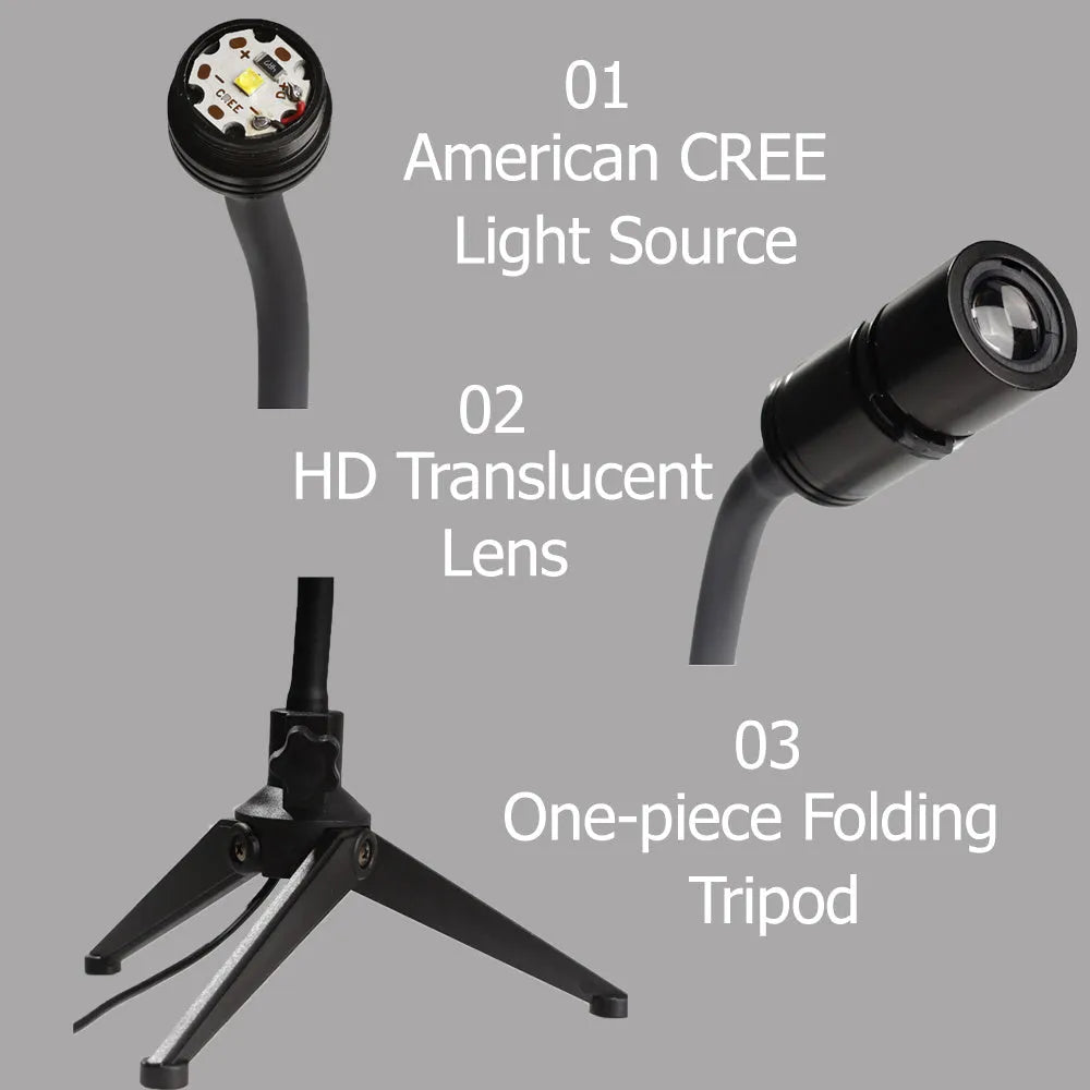 Star projector night light showing earth projection, with flexible hose bracket and USB cable.