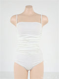 Sling style one-piece swimsuit for women with belly pleats in blue, white, yellow, or black.
