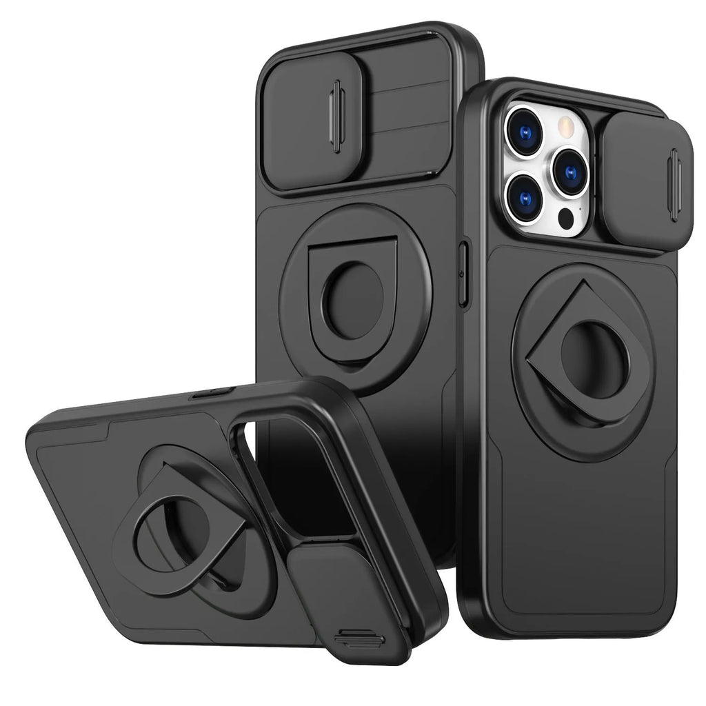 Phone case with sliding window magnetic ring and rotating bracket for Apple iPhone, shockproof PC TPU, black colour