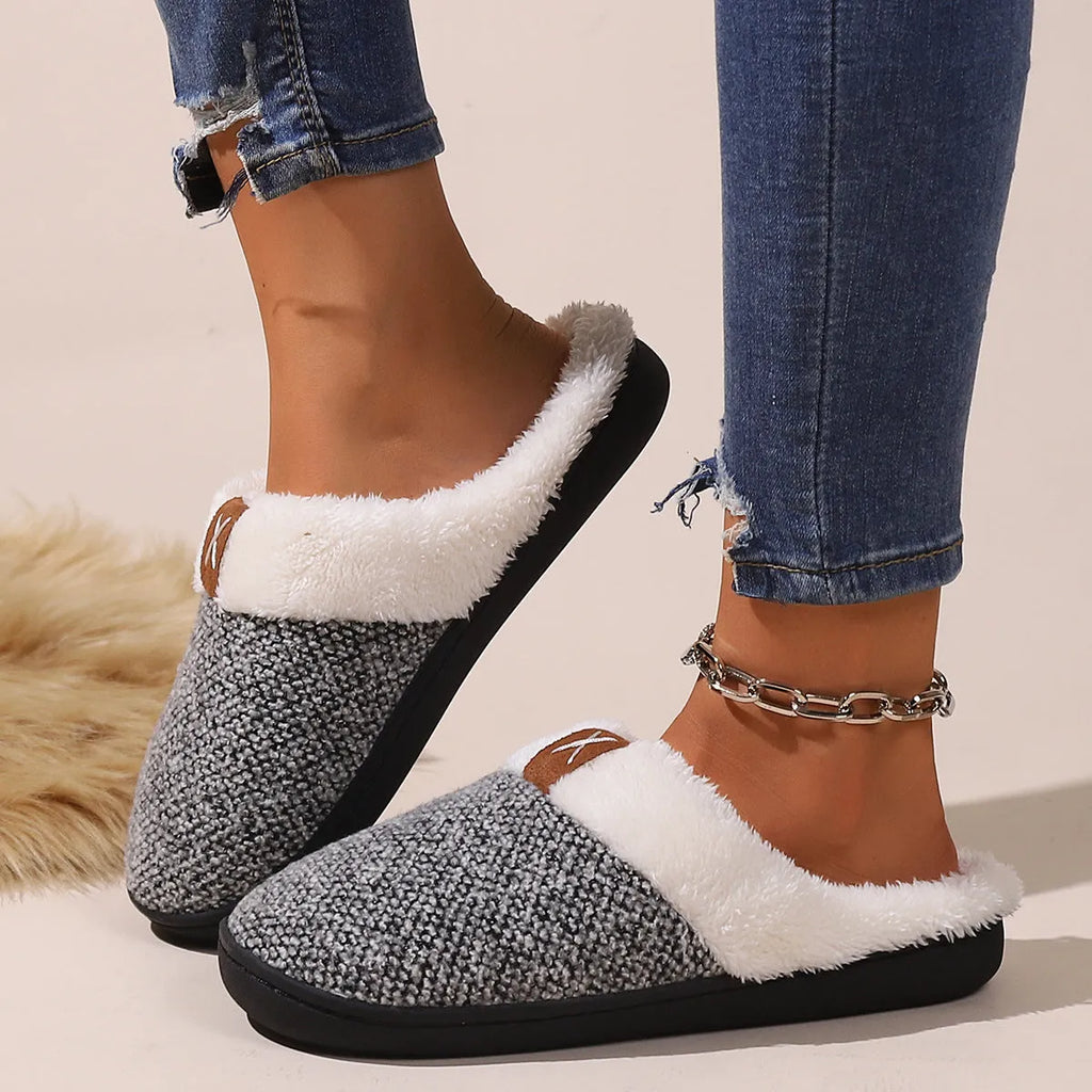 Winter plush slippers with thick bottom and round toe in burgundy, black, and light gray