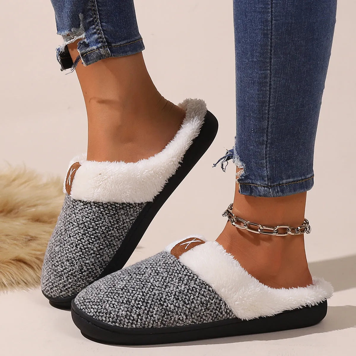 Winter plush slippers with thick bottom and round toe in burgundy, black, and light gray