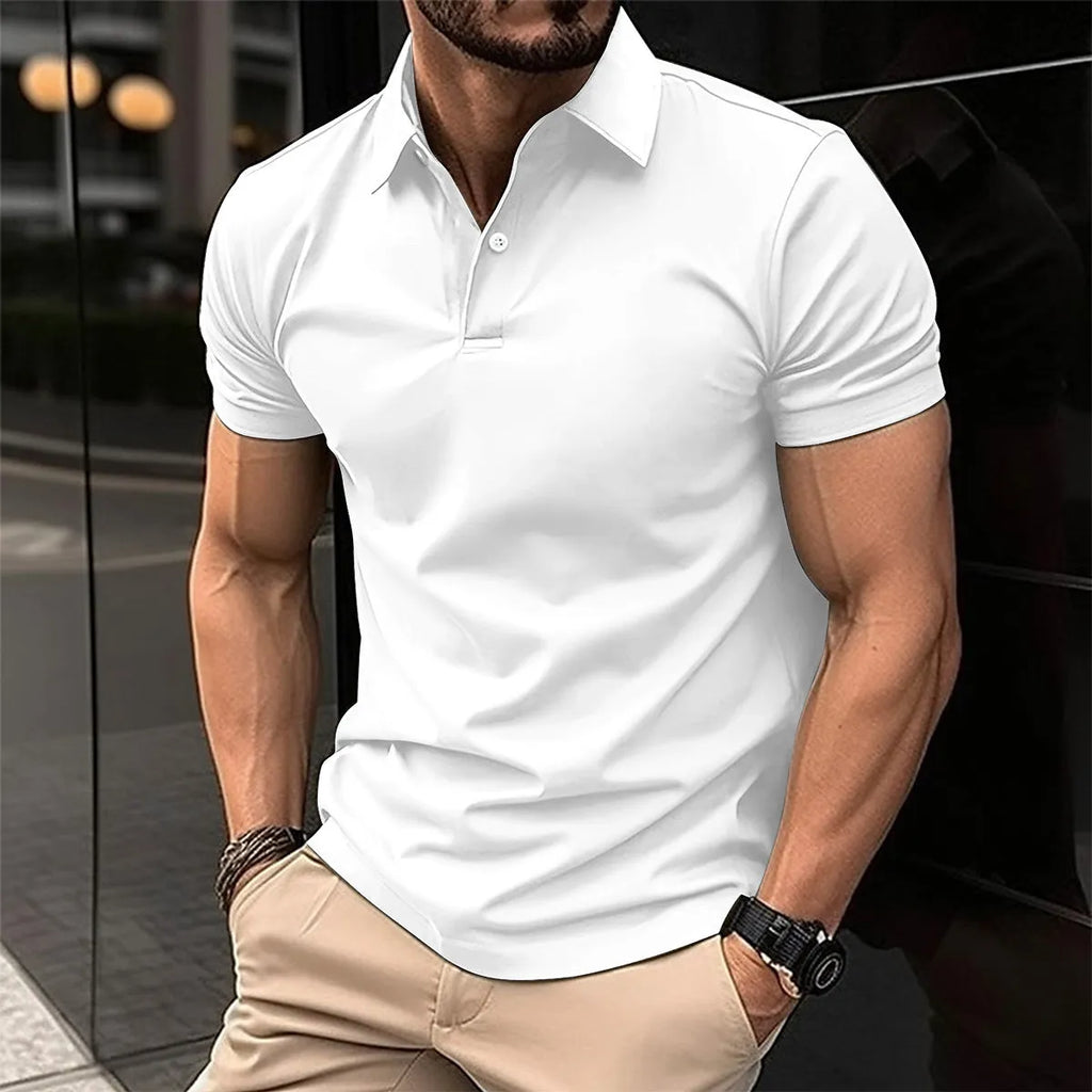 Men's cotton mix polo shirt with button lapel front and short sleeves in solid colour