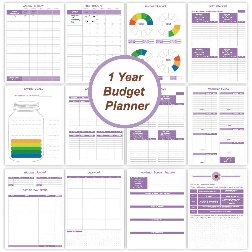 Purple coil-bound financial planning notebook with stickers, pen, and paper clips for monthly budget tracking