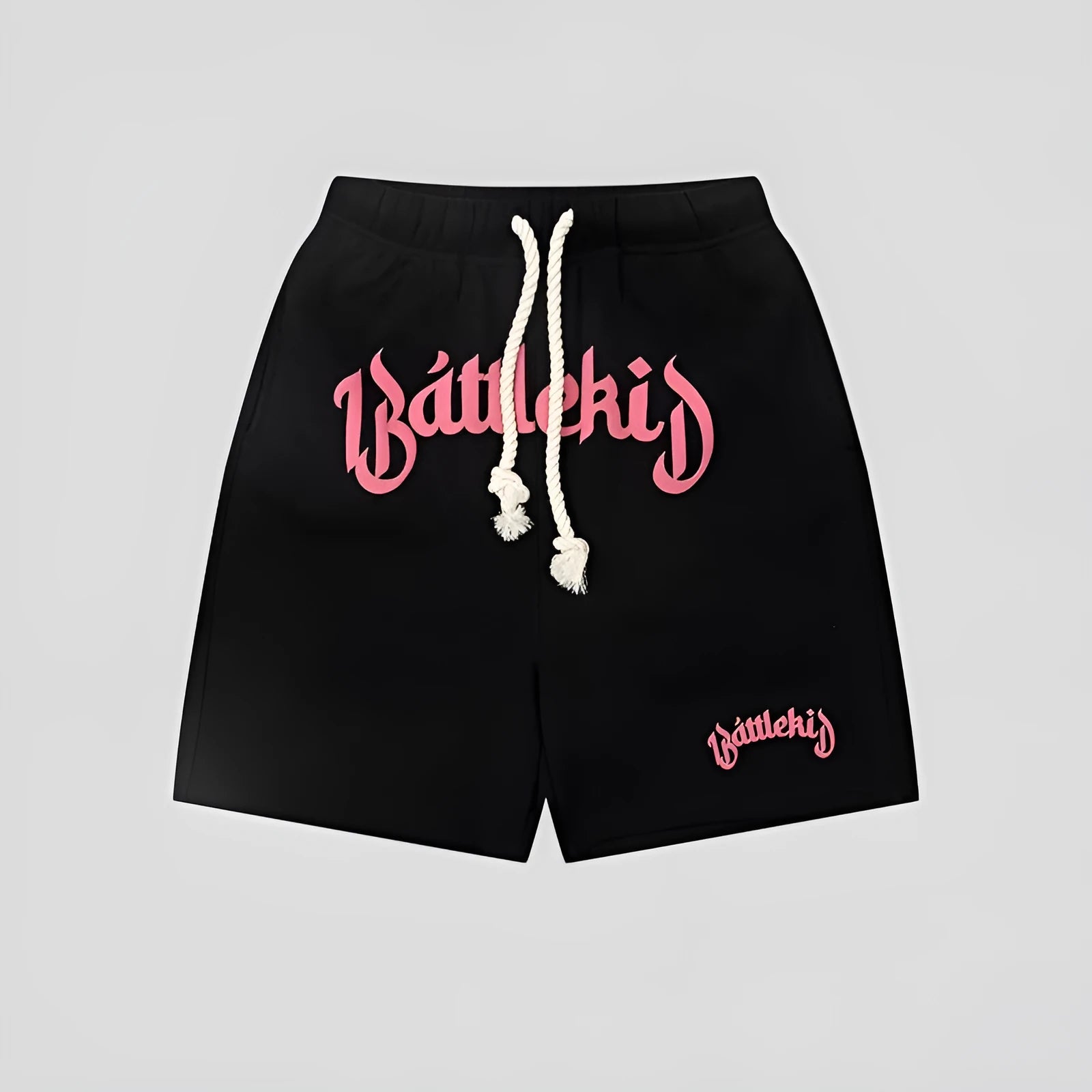 Men's loose grey cotton blend hip hop shorts with a cropped, street-style design on a neutral background.