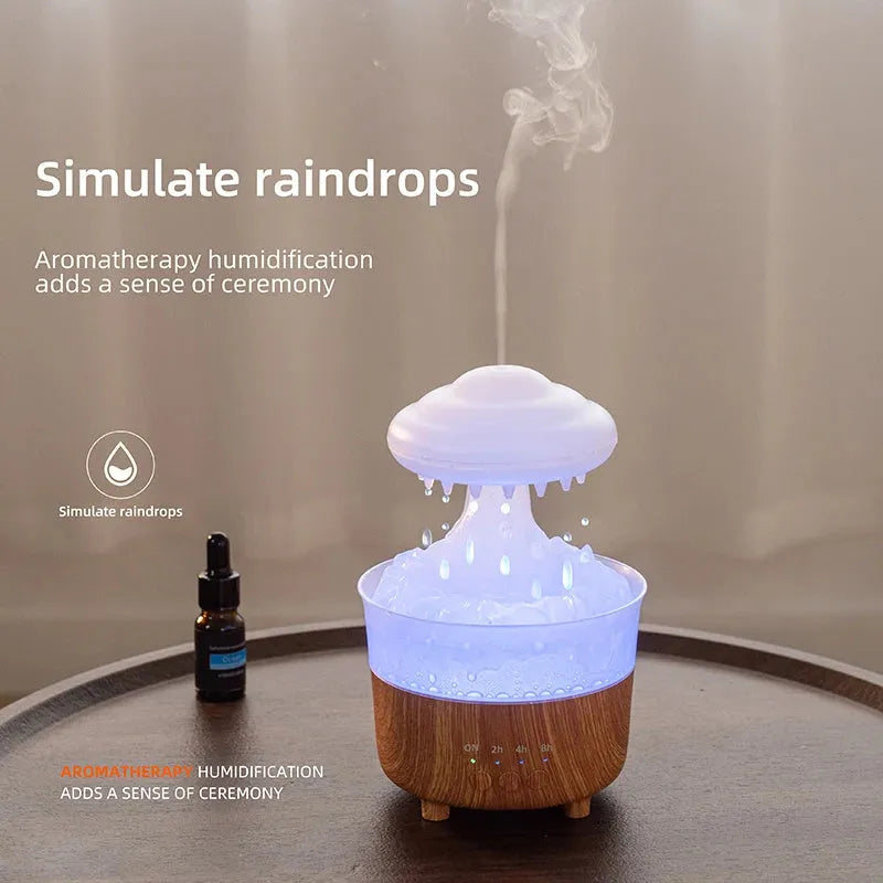 Wood grain white cloud shaped humidifier and essential oil diffuser with coloured LED lights on