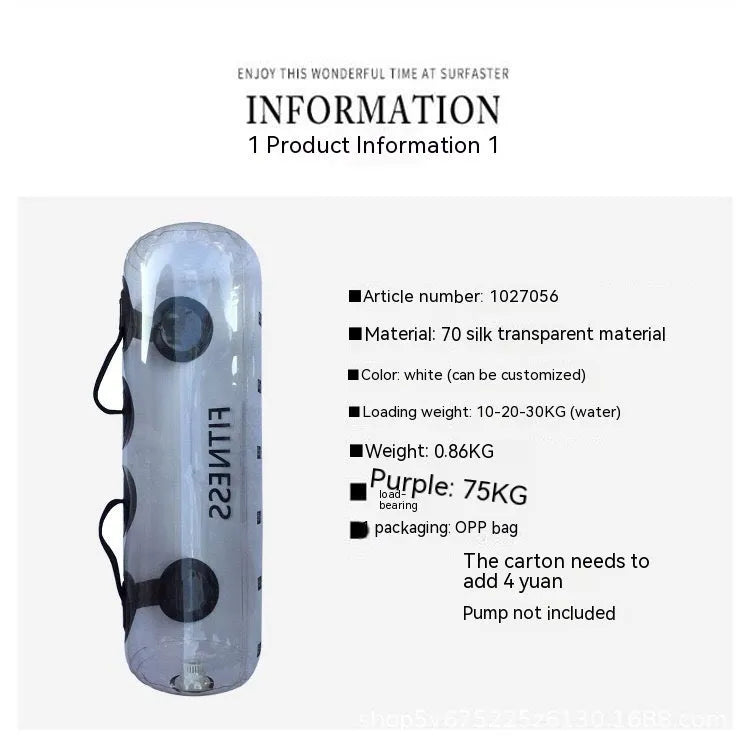 Transparent PVC water injection weight training bag showing adjustable fill levels from 5kg to 50kg capacity