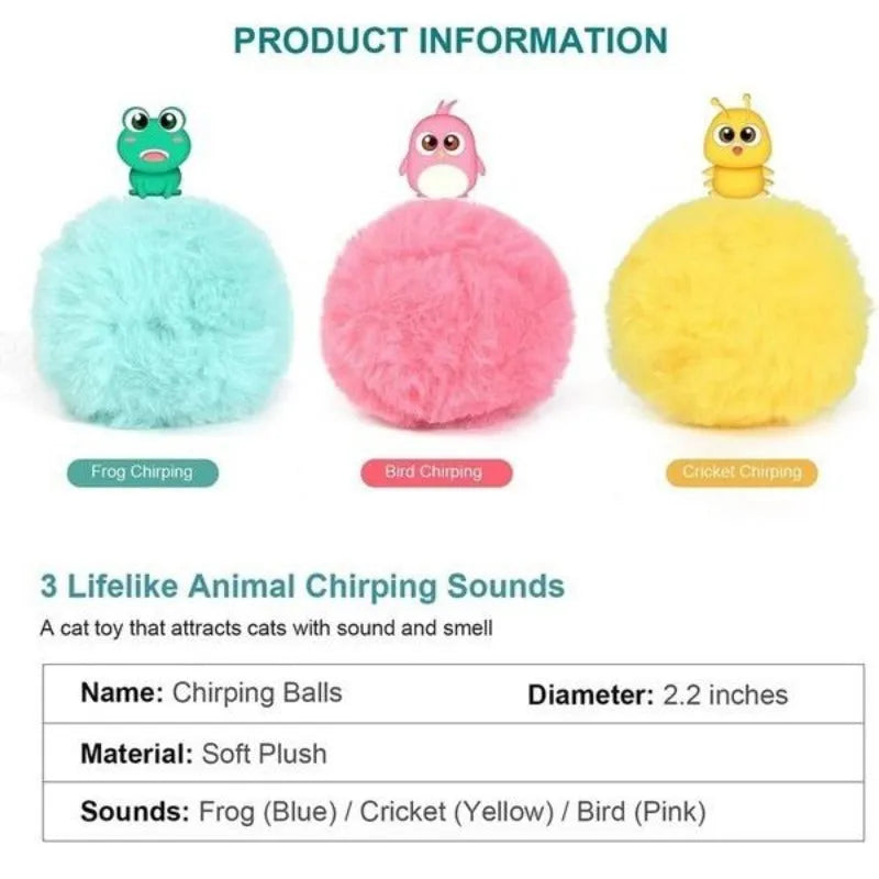 Blue, pink, and yellow electronic interactive toy ball for cats and dogs with animal sound activation.