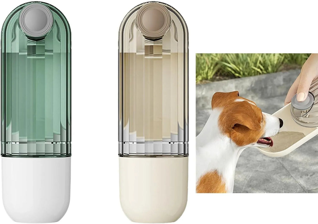 Beige or green foldable leak-proof dog water bottle with food dispenser for outdoor use