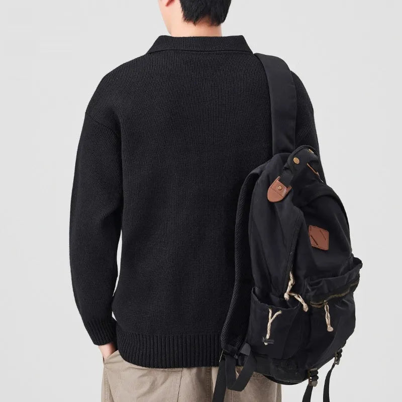 Men's turn-down collar half-zip loose fit sweater in coffee colour, long sleeves, synthetic fibre blend knitwear