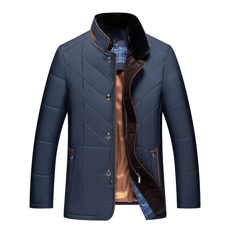 Men's winter short coat in dark blue with cotton padding and side seam pockets