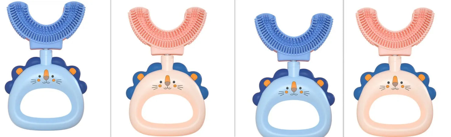 Children's U-shaped silicone toothbrush in blue or pink, little cute lion design, for ages 2-6 and 7-14, food grade silicone