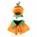Orange plush pumpkin-themed cloak and hat costume on a dog for Halloween.