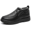 Men's black and brown winter slip-on shoes with a fleece lining and rubber sole.